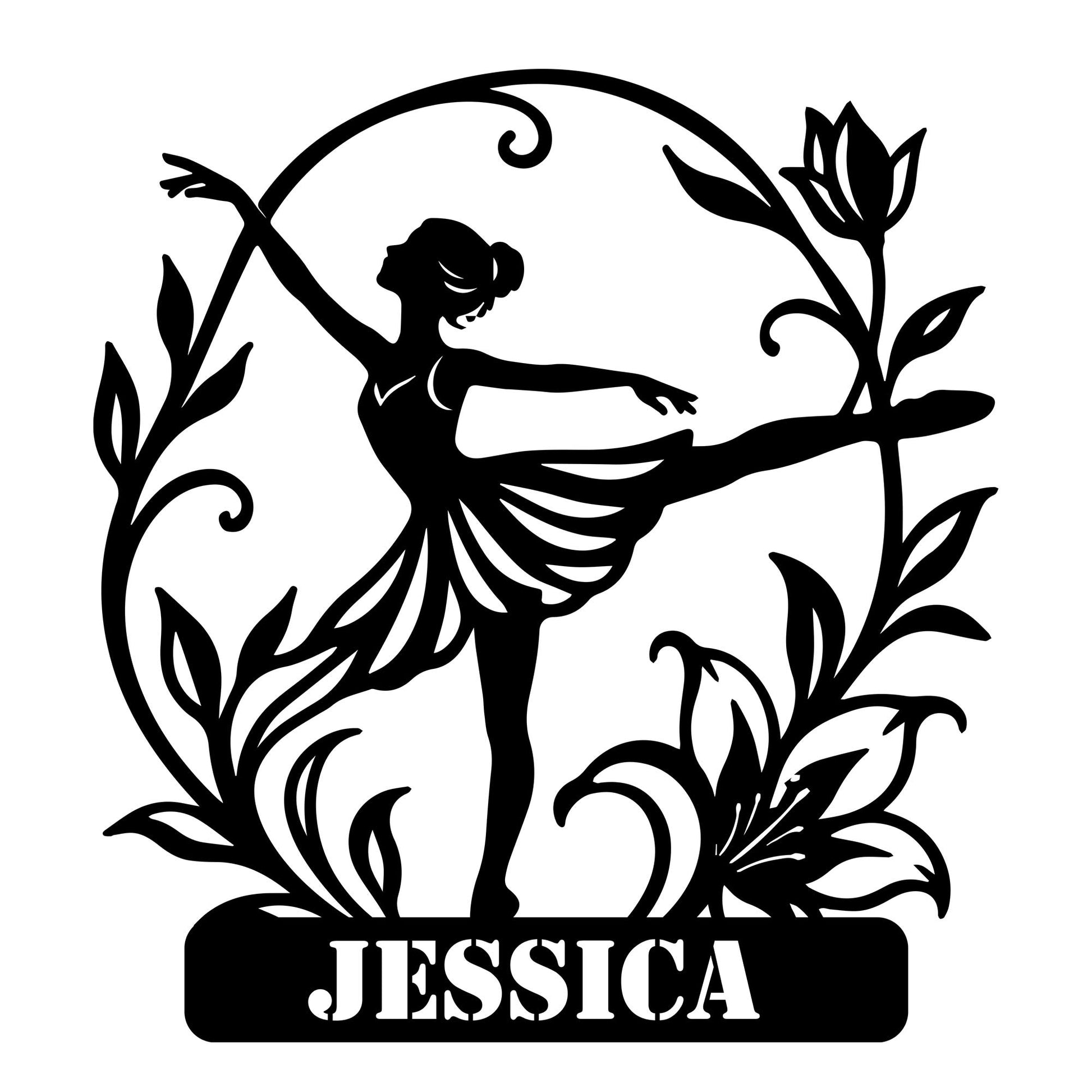 Ballet metal sign featuring a graceful ballerina silhouette framed by curling botanical vines and flowers