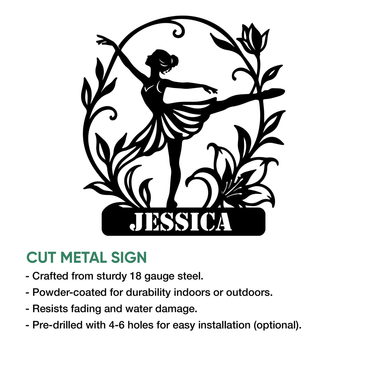 Cut metal ballet sign featuring a ballerina silhouette with floral details and indoor or outdoor display information