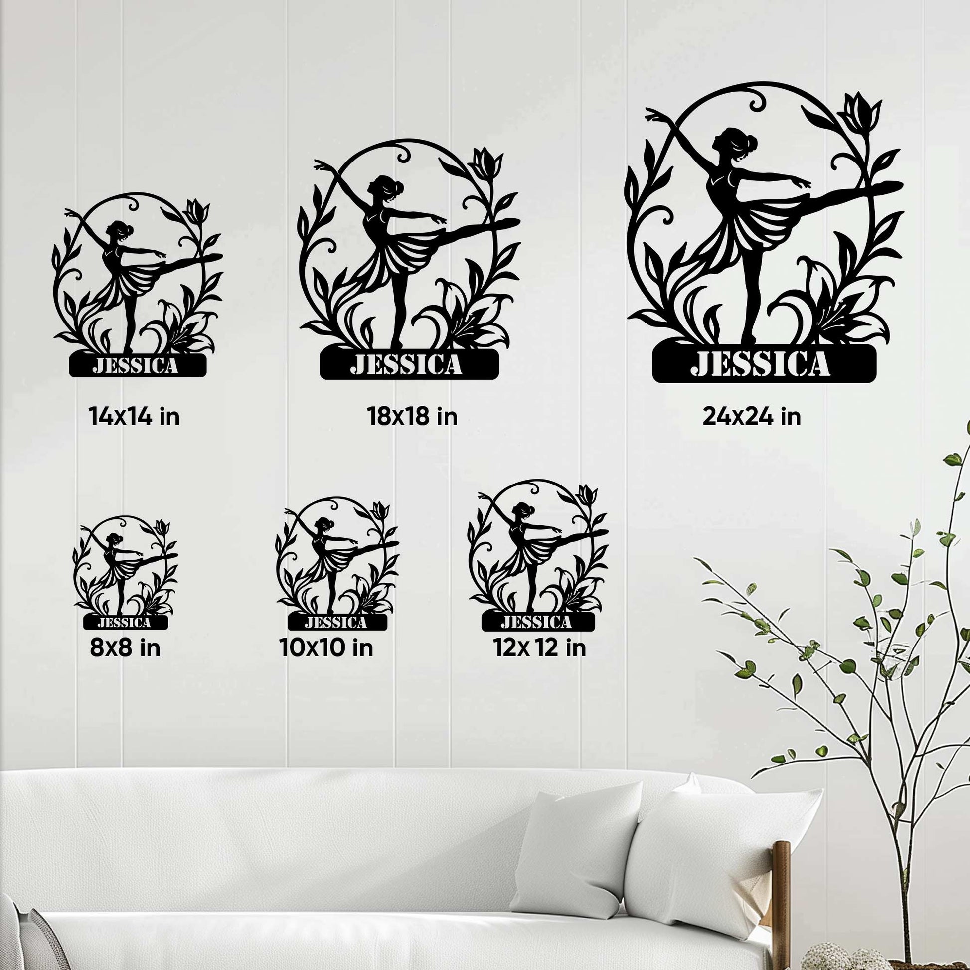 Ballet metal sign size guide showing several square size options in a bright living room setting