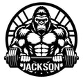 Bold gorilla lifting a barbell in a circular frame for a custom gym metal sign design