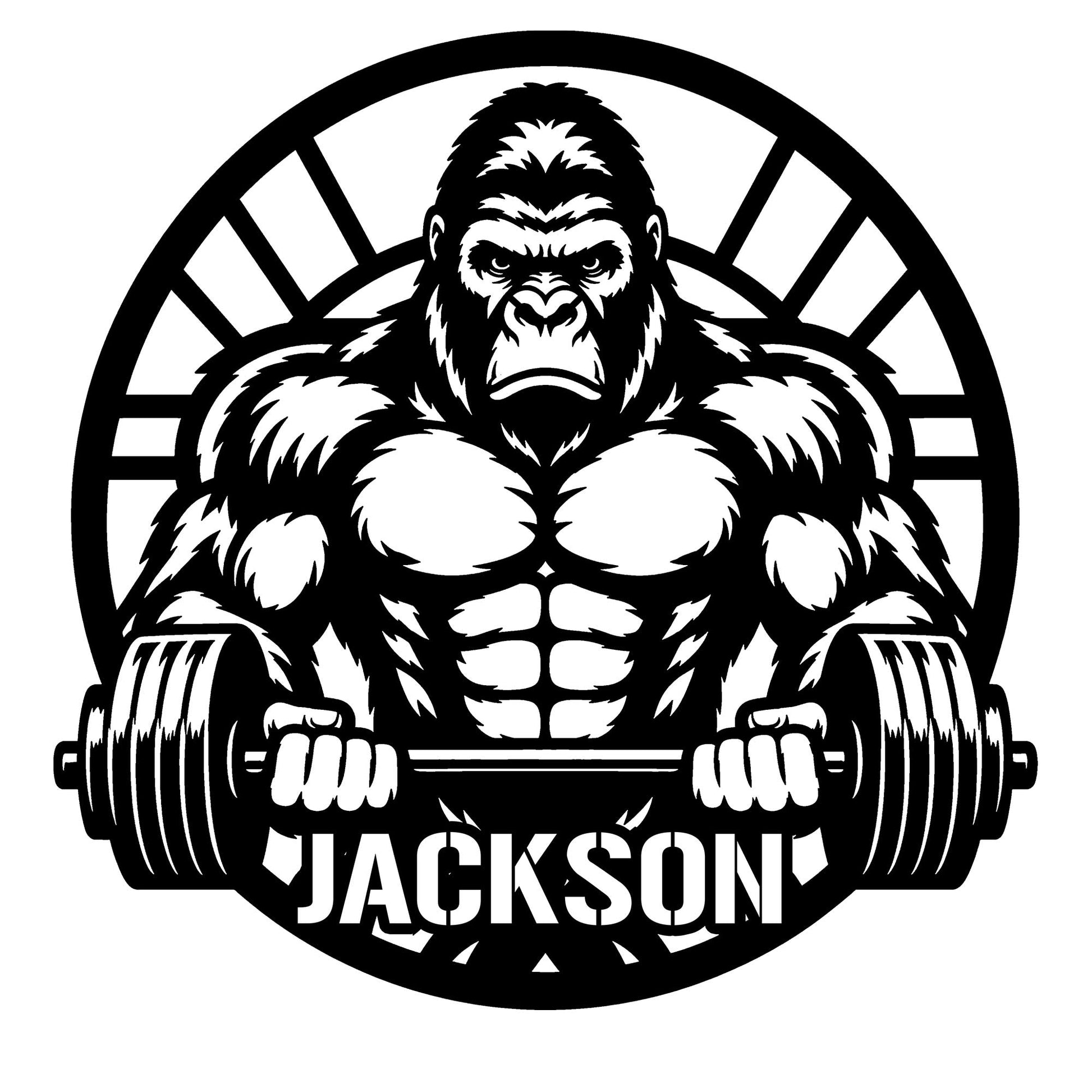 Bold gorilla lifting a barbell in a circular frame for a custom gym metal sign design