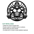 Gorilla weightlifting cut metal sign shown with product feature information
