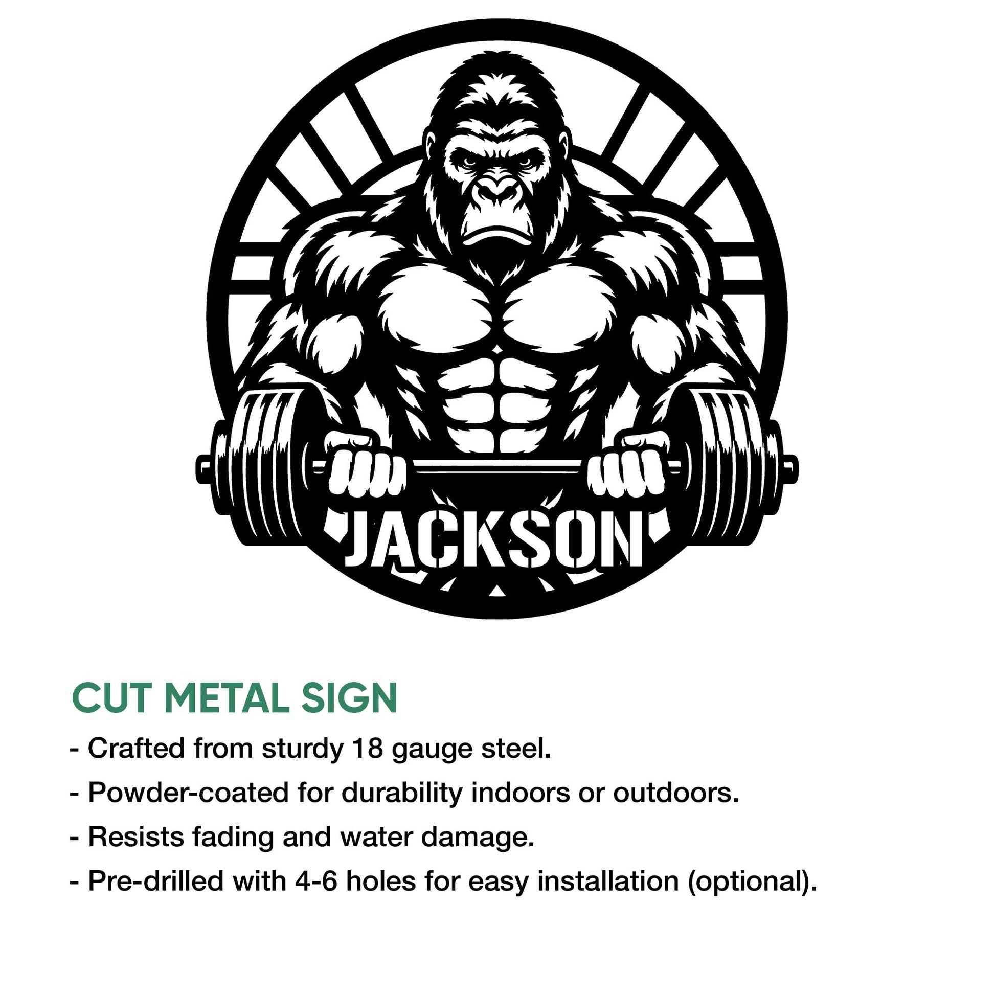 Gorilla weightlifting cut metal sign shown with product feature information