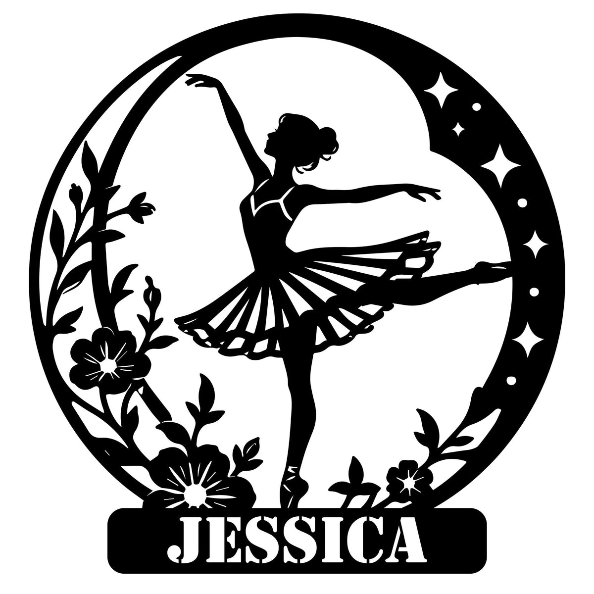 Custom ballet metal sign featuring a ballerina silhouette in an arabesque pose, flowers, stars, and a circular frame