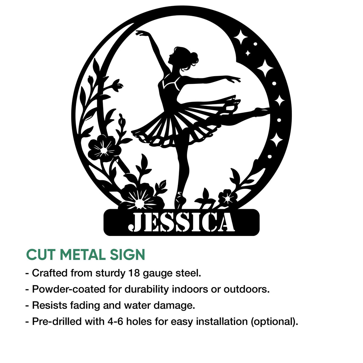 Ballerina silhouette cut metal sign with floral details, star accents, and multiple size options for ballet decor