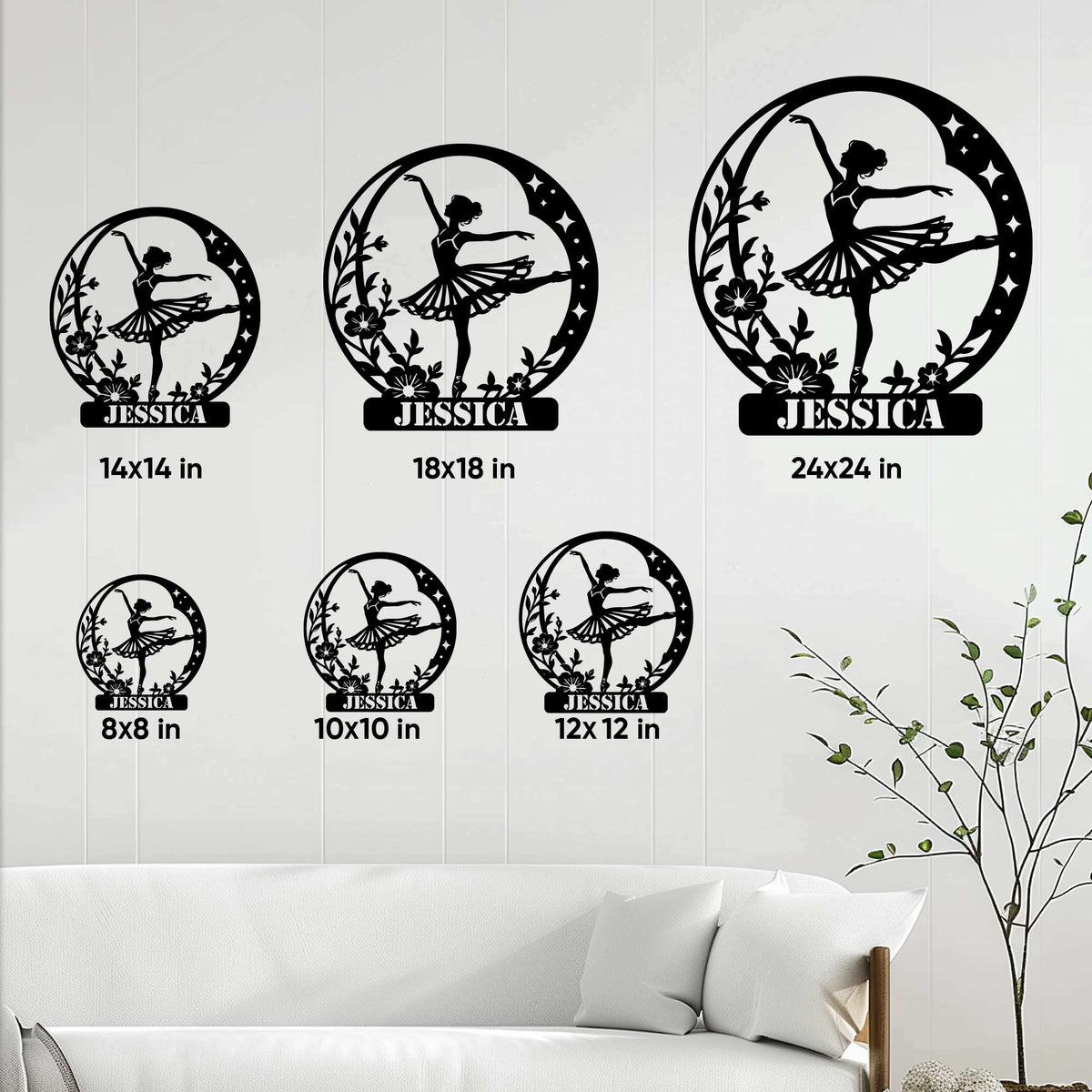 Ballerina metal sign size guide showing six circular design sizes in a bright living room setting