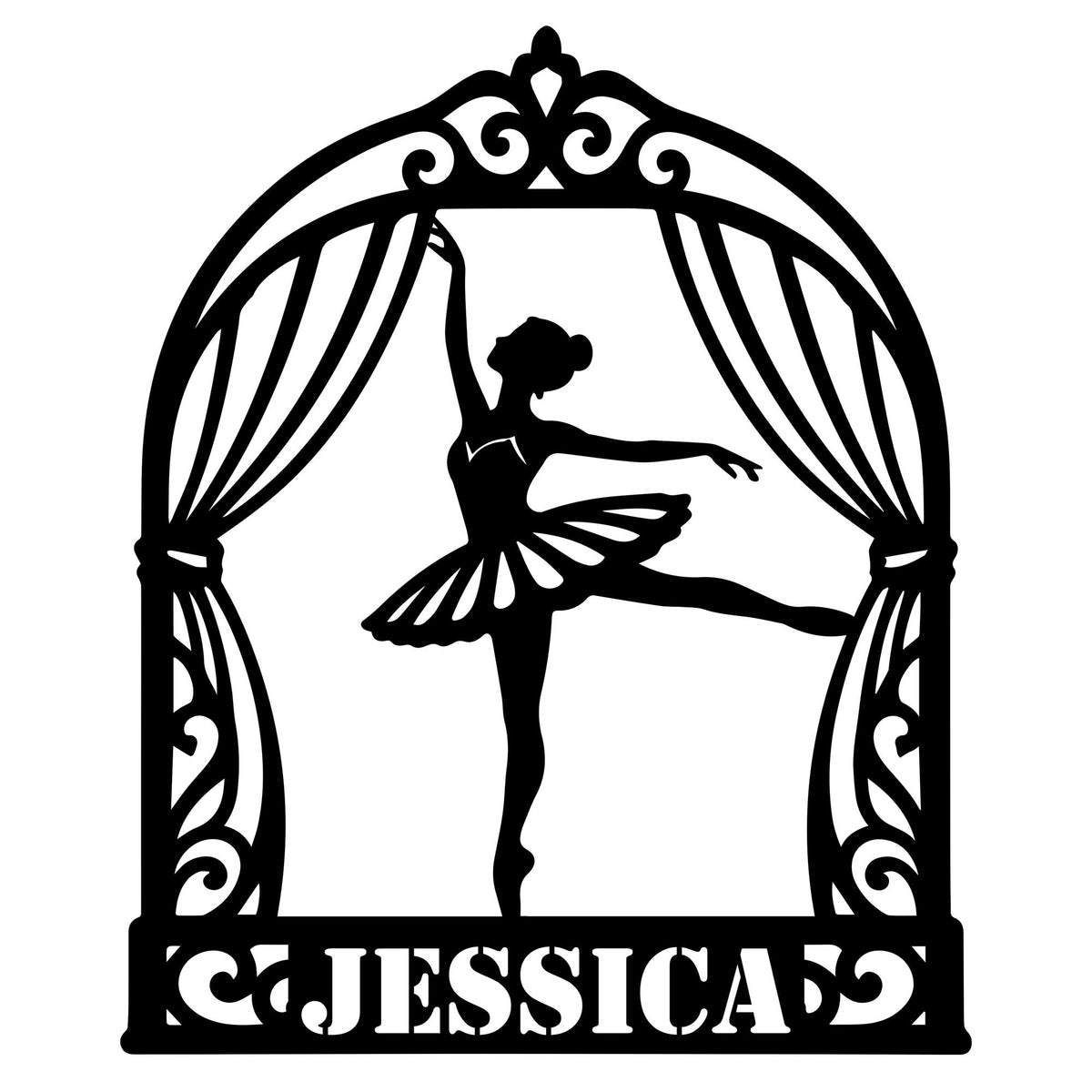 Ballet metal sign featuring a graceful ballerina silhouette framed by ornate theater curtains