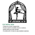 Cut metal ballet sign with a poised dancer silhouette beneath decorative stage curtains