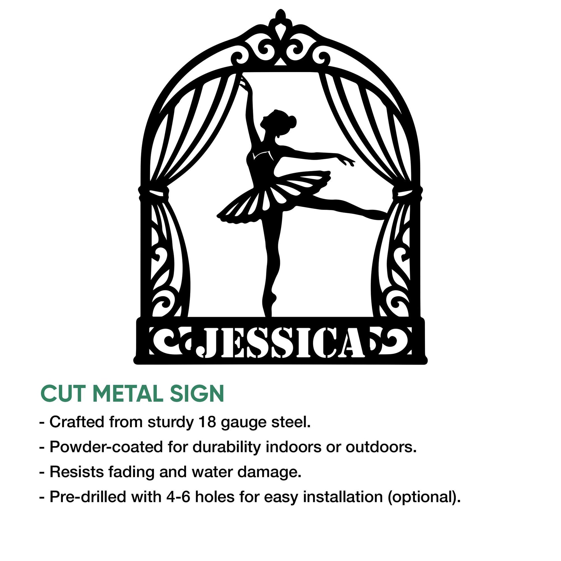 Cut metal ballet sign with a poised dancer silhouette beneath decorative stage curtains