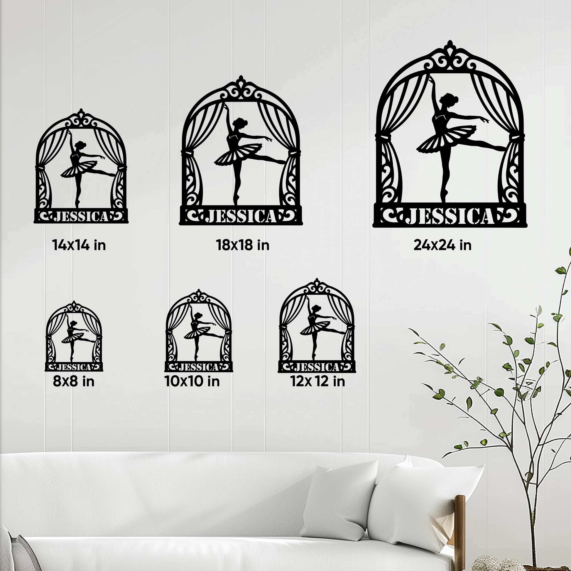 Ballet metal sign size guide showing multiple square size options for wall decor