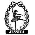 Custom ballet metal sign featuring a ballerina in arabesque within a floral bow frame