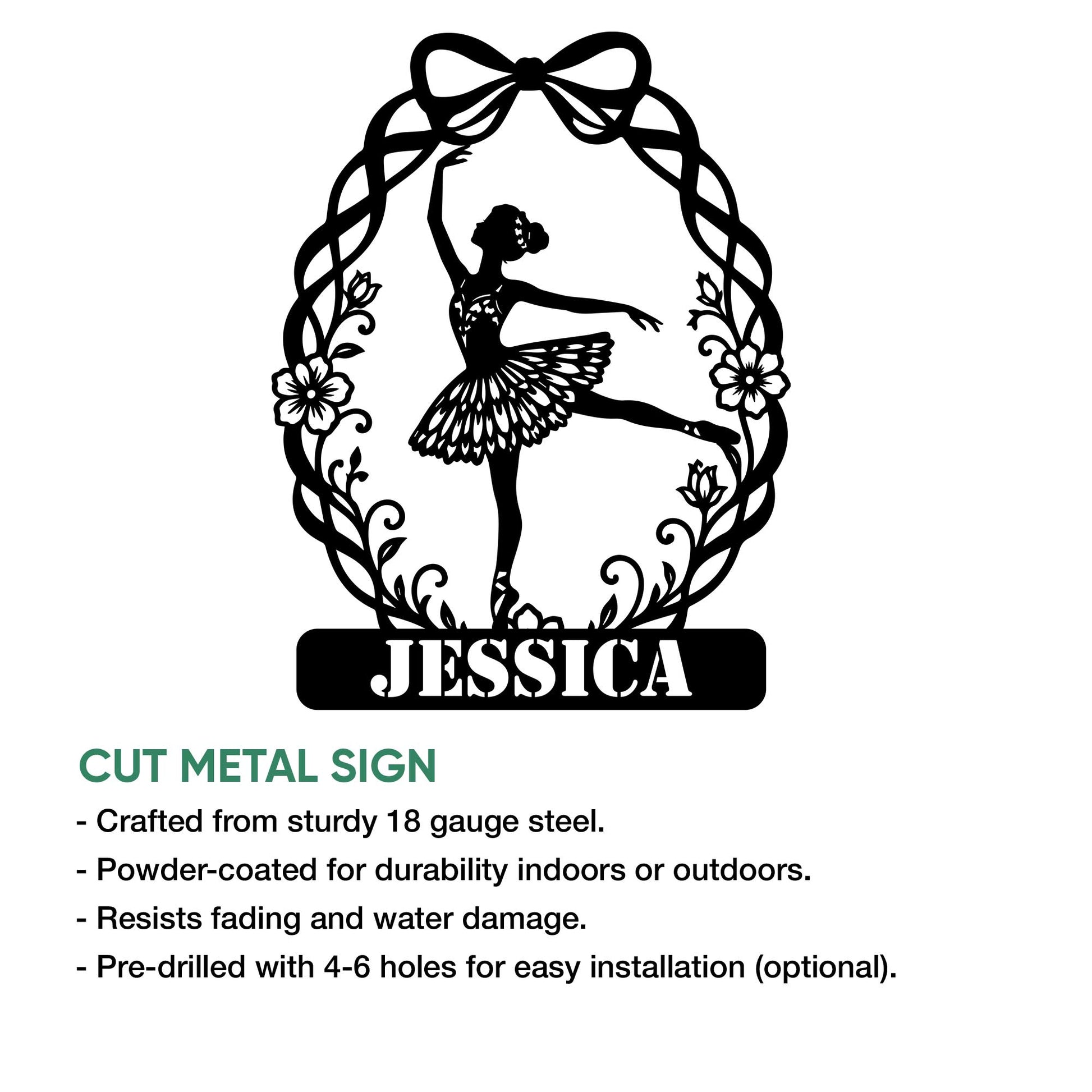 Ballerina metal sign with an elegant floral wreath design for ballet decor