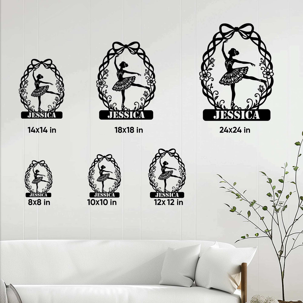 Ballet metal sign size guide showing available square sizes from 8 by 8 to 24 by 24 inches
