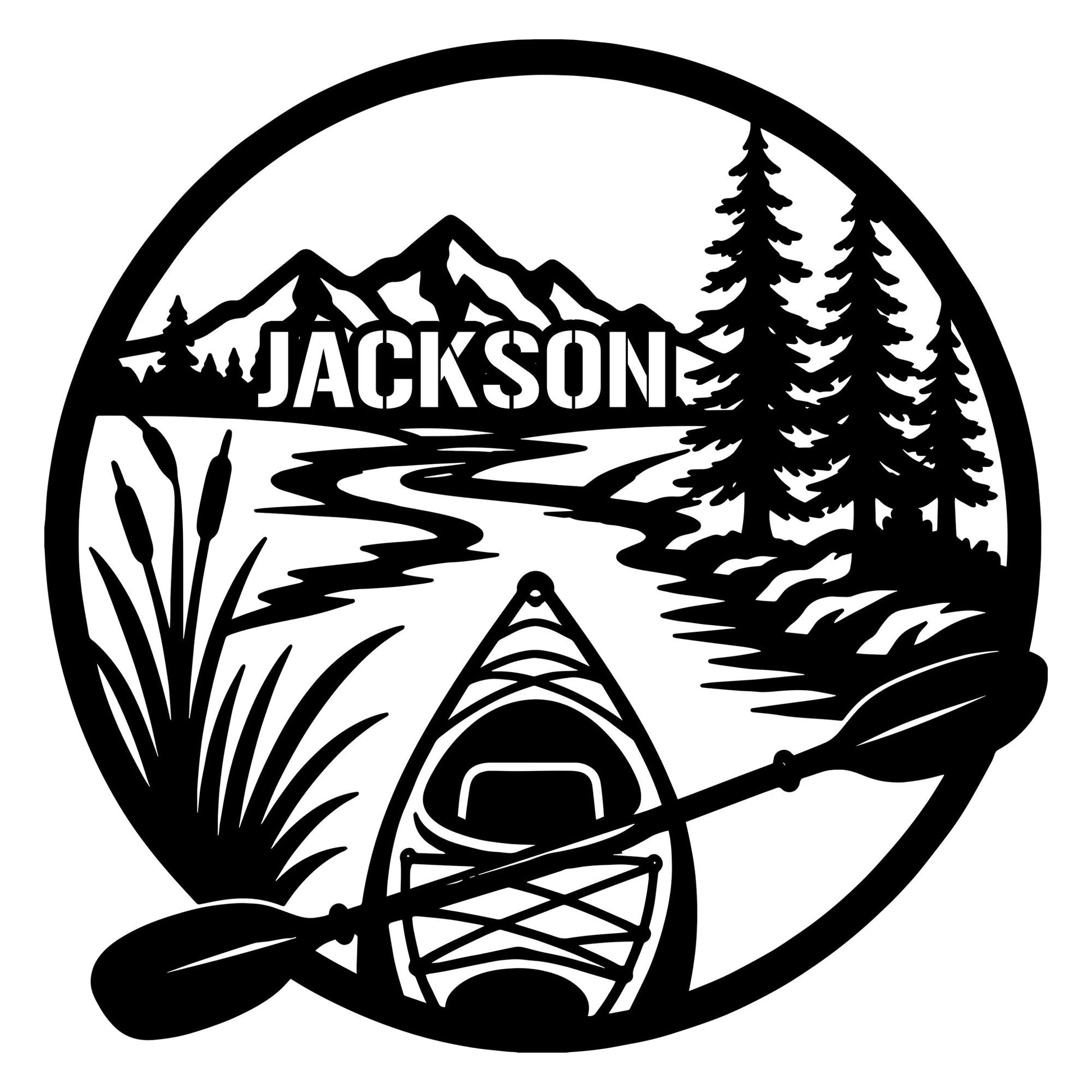 Custom kayak metal sign featuring a paddler on a calm lake with mountain and evergreen forest scenery