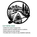 Kayak metal sign artwork shown with cut-metal sign features and an outdoor lake scene