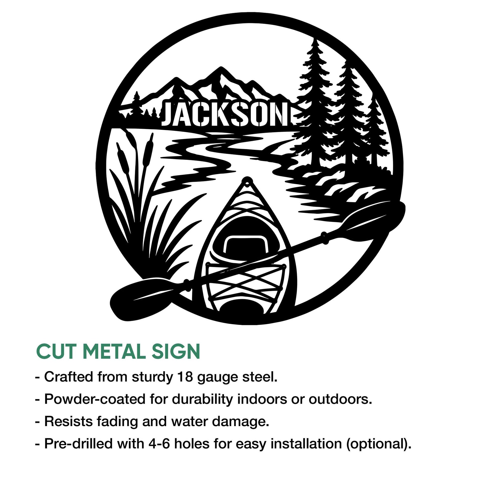 Kayak metal sign artwork shown with cut-metal sign features and an outdoor lake scene