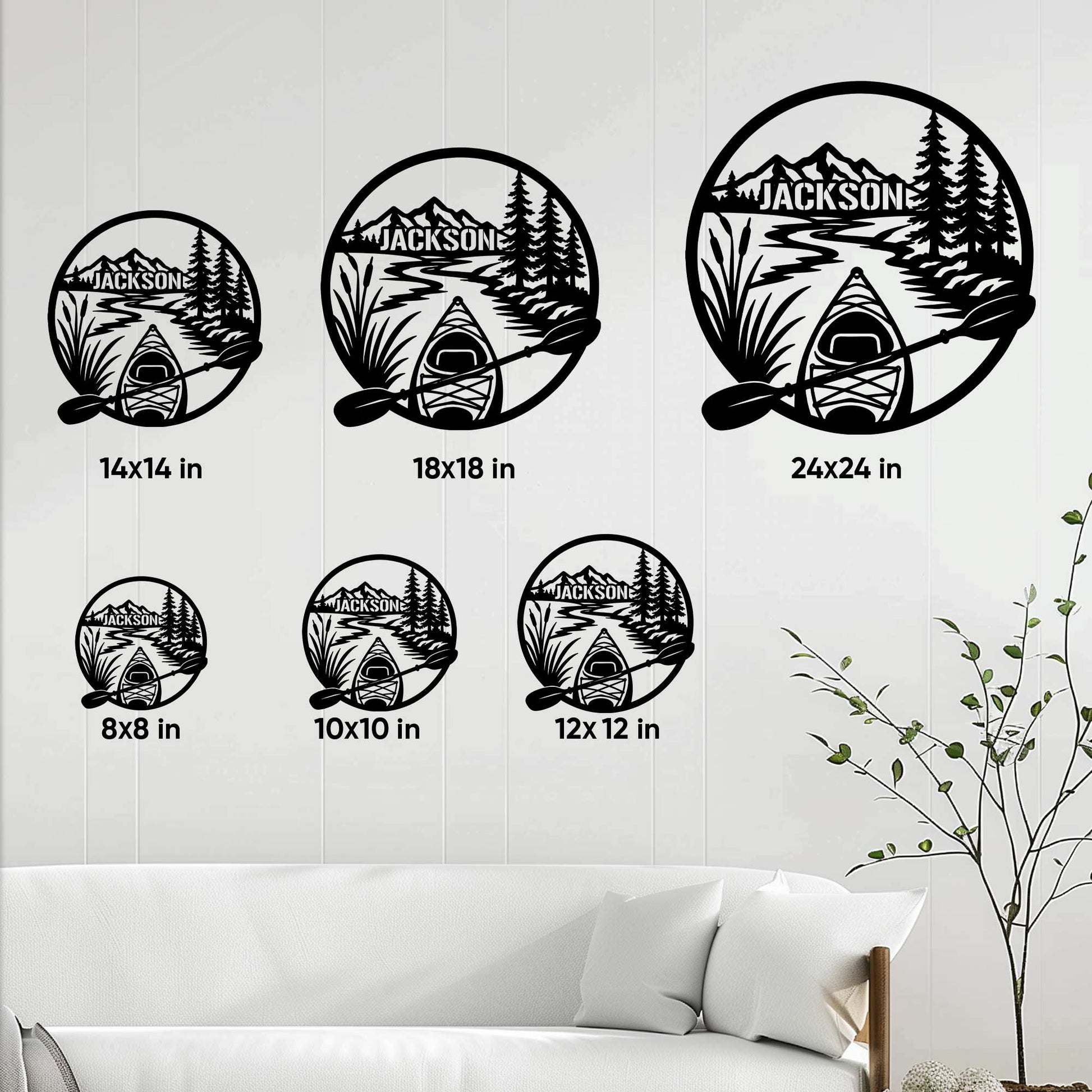 Kayak metal sign size guide showing round design options from 8 by 8 to 24 by 24 inches