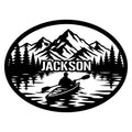 Custom kayak metal sign featuring a paddler on a mountain lake surrounded by pine trees and peaks