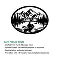 Kayak metal sign feature graphic showing a mountain lake paddling design and product presentation details