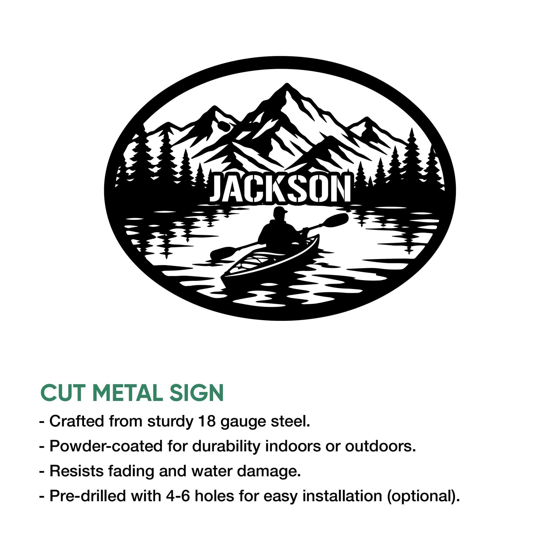 Kayak metal sign feature graphic showing a mountain lake paddling design and product presentation details