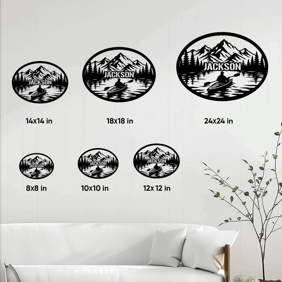 Kayak metal sign size guide showing available square sizes from 8 by 8 to 24 by 24 inches