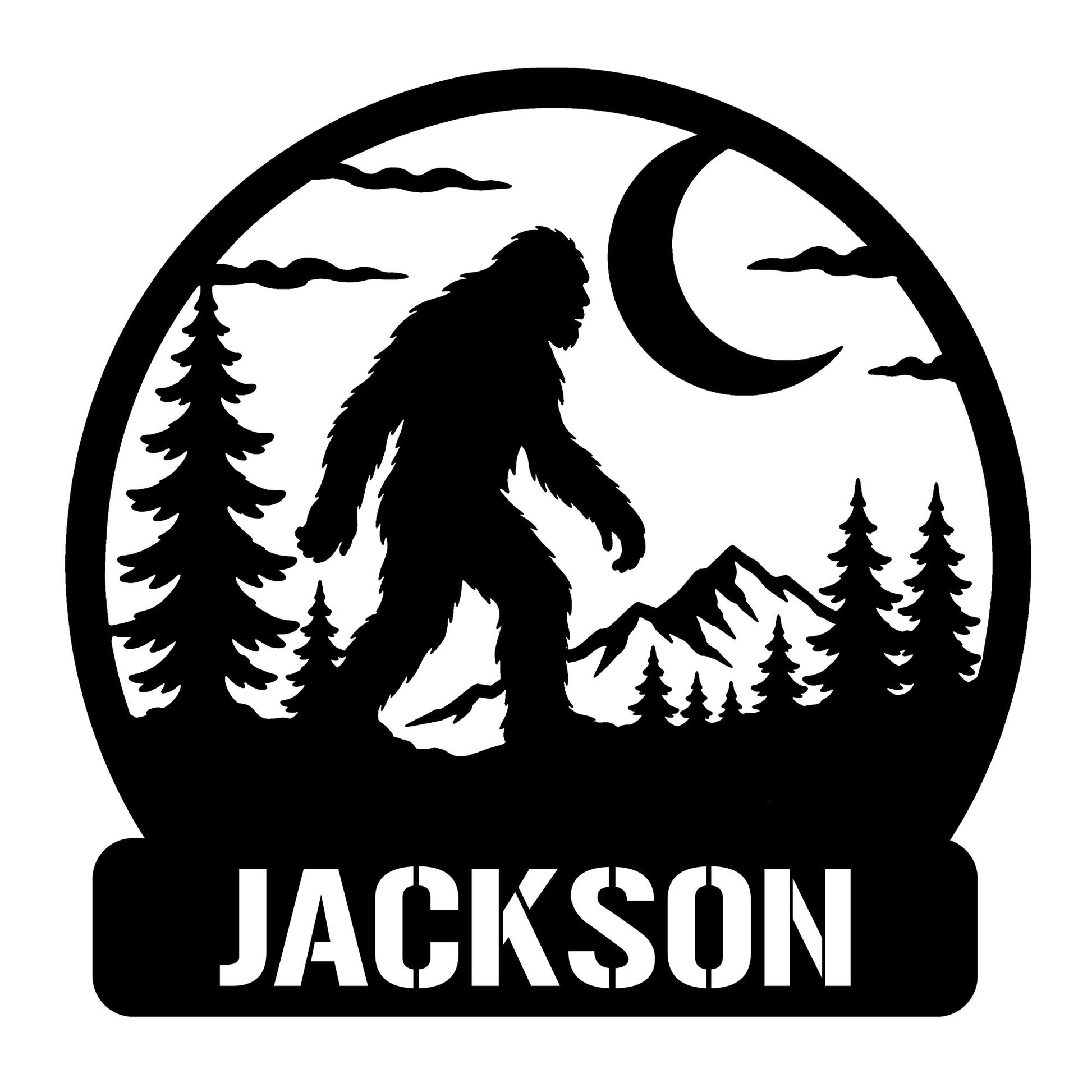 Custom Bigfoot metal sign featuring a Sasquatch silhouette, pine forest, mountain peaks, and crescent moon