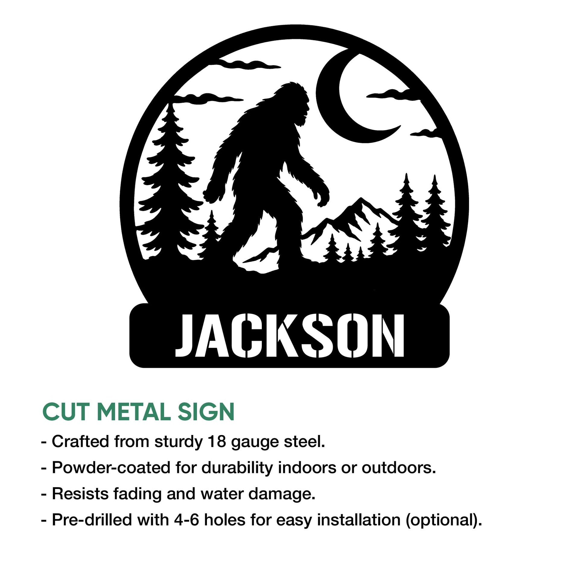 Bigfoot cut metal sign shown with a bold forest silhouette design and round outdoor wall decor shape