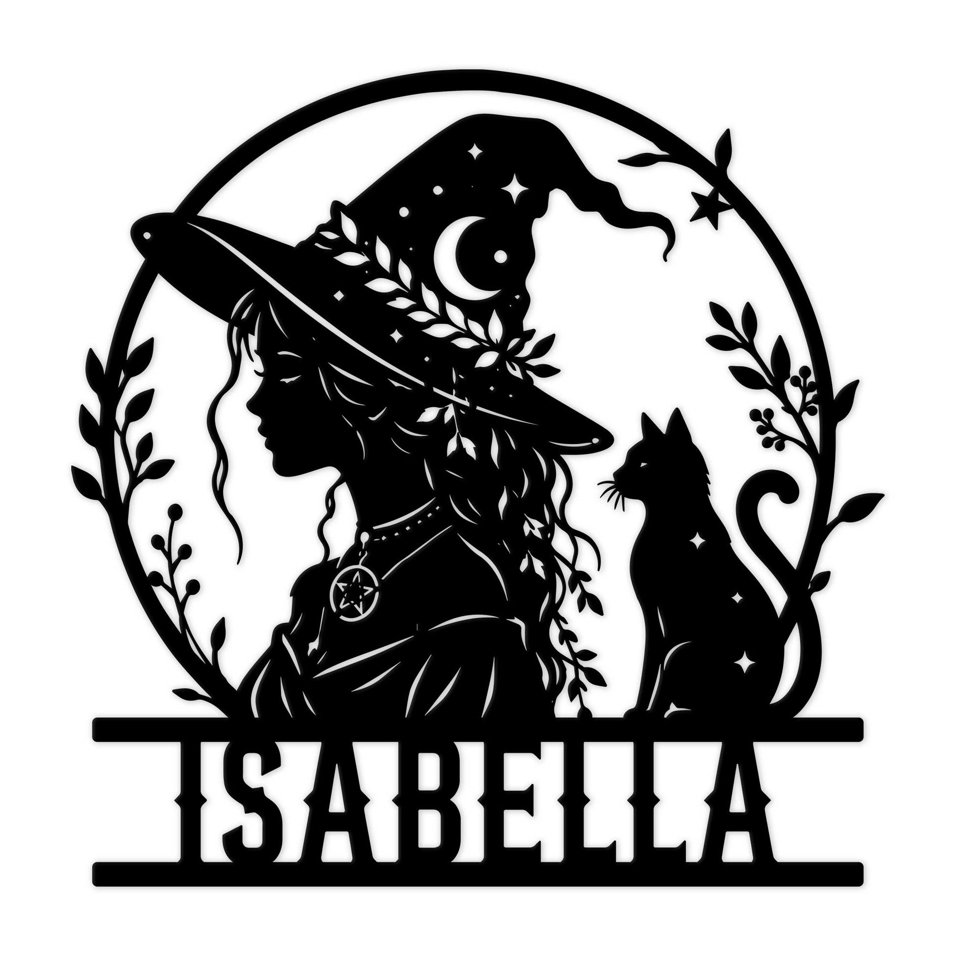 Wiccan metal sign featuring a witch silhouette, crescent moon, stars, botanical frame, and cat