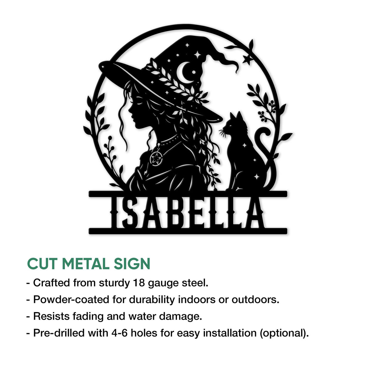 Witchcraft metal wall sign shown with cut-metal details and a witch with cat silhouette