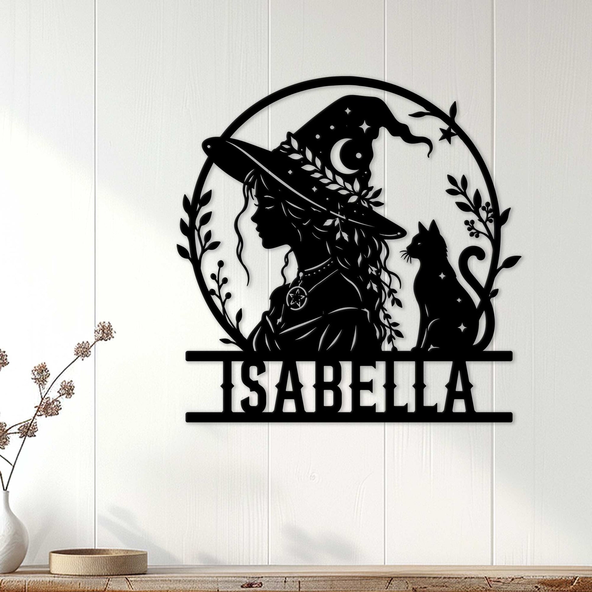 Wiccan witch and cat metal sign displayed as mystical wall decor in a bright home setting