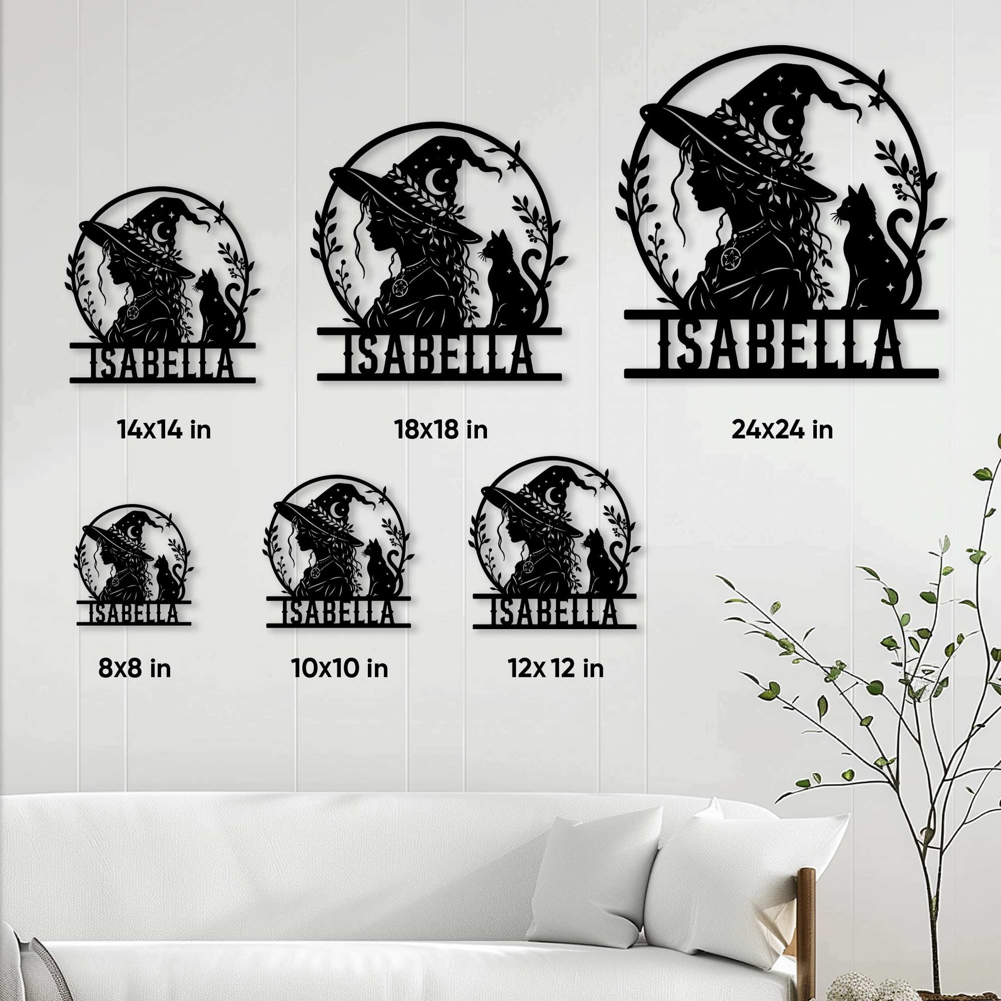 Witchcraft metal sign size guide showing available square sizes from 8x8 to 24x24 inches
