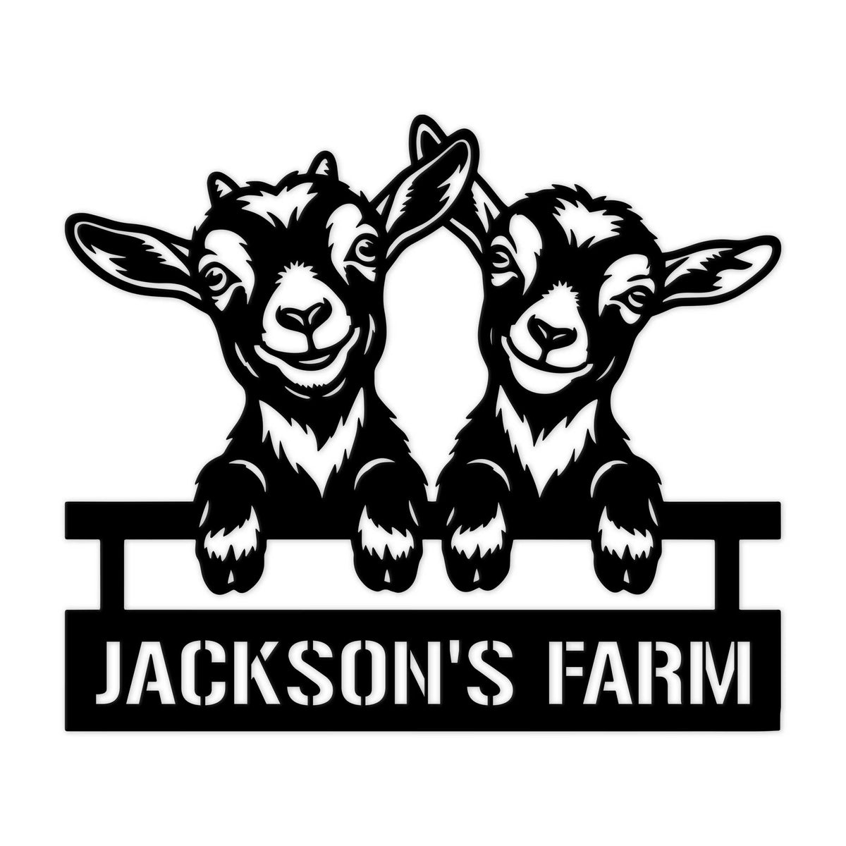 Black metal goat farm sign featuring two cheerful goats leaning over a fence with a broad custom sign panel