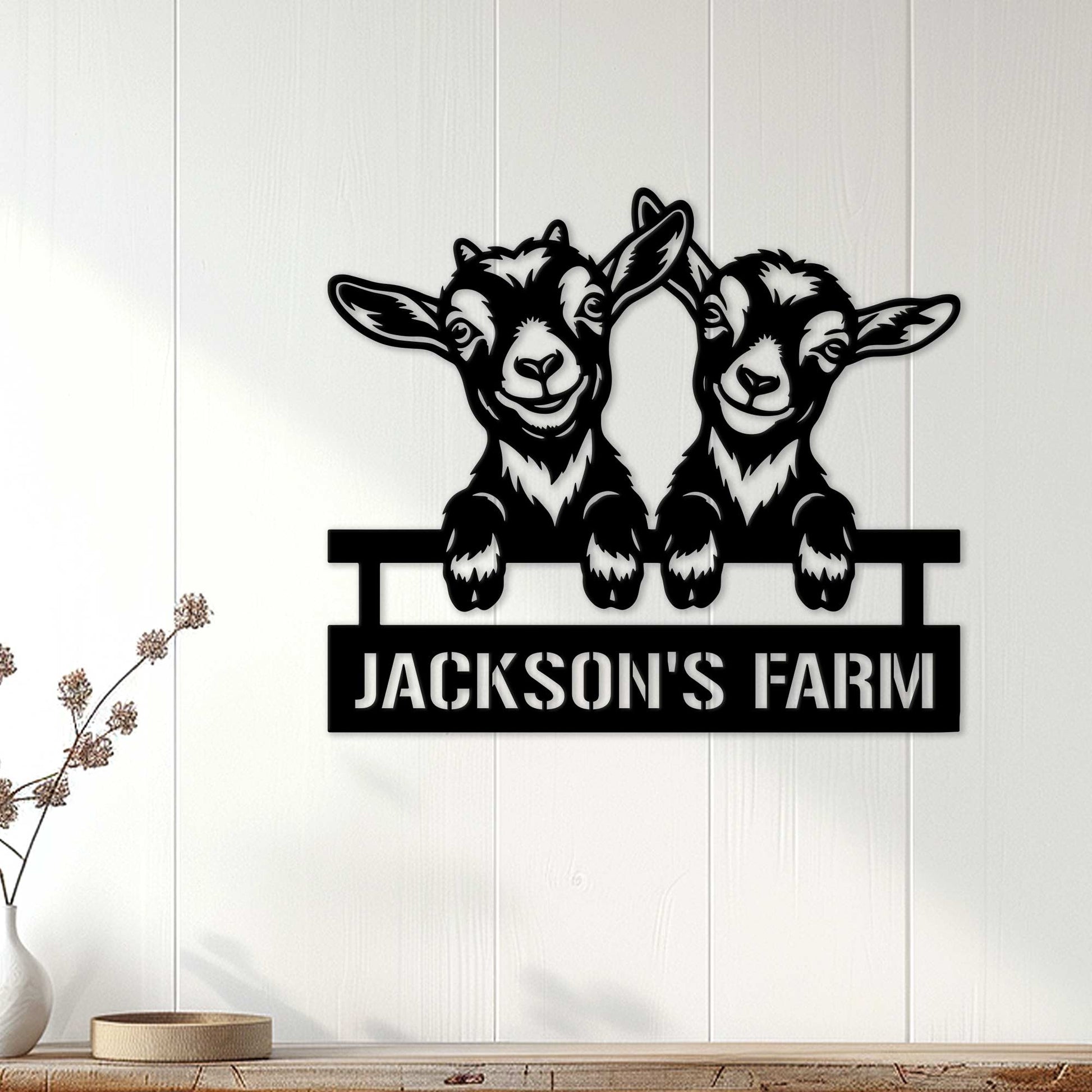 Goat farm wall sign displayed on white wood paneling in a farmhouse-inspired room