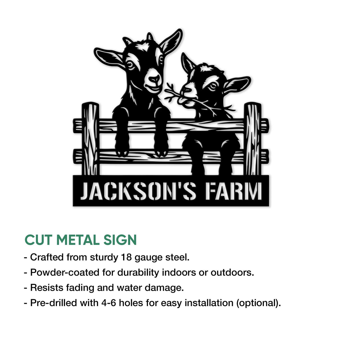 Cut metal goat farm sign showing two goats over a wooden fence with a bold farm design