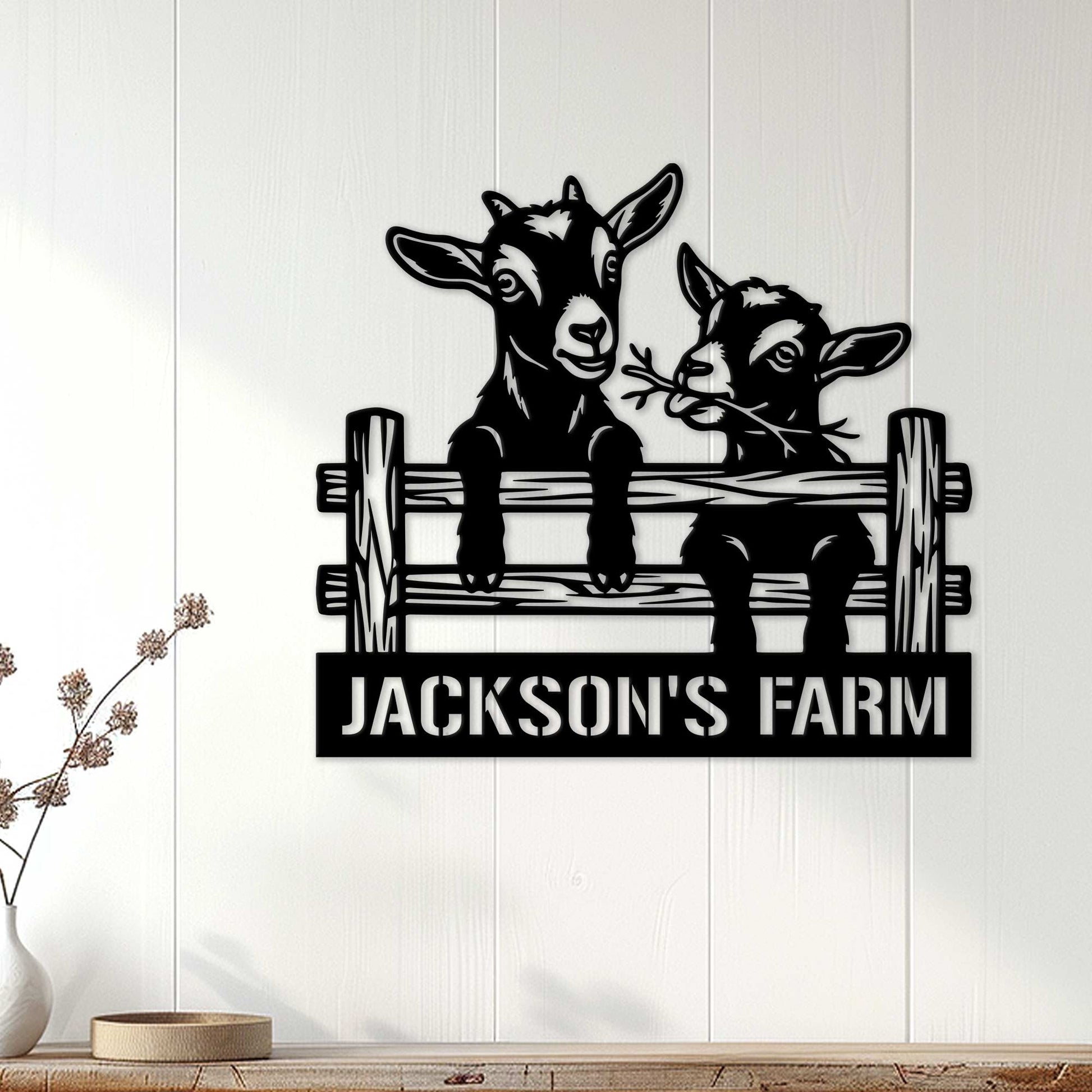 Goat farm metal wall sign displayed on a light wood-paneled wall in a farmhouse setting