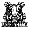 Black metal goat sign featuring two goats standing behind a rustic fence for farm decor