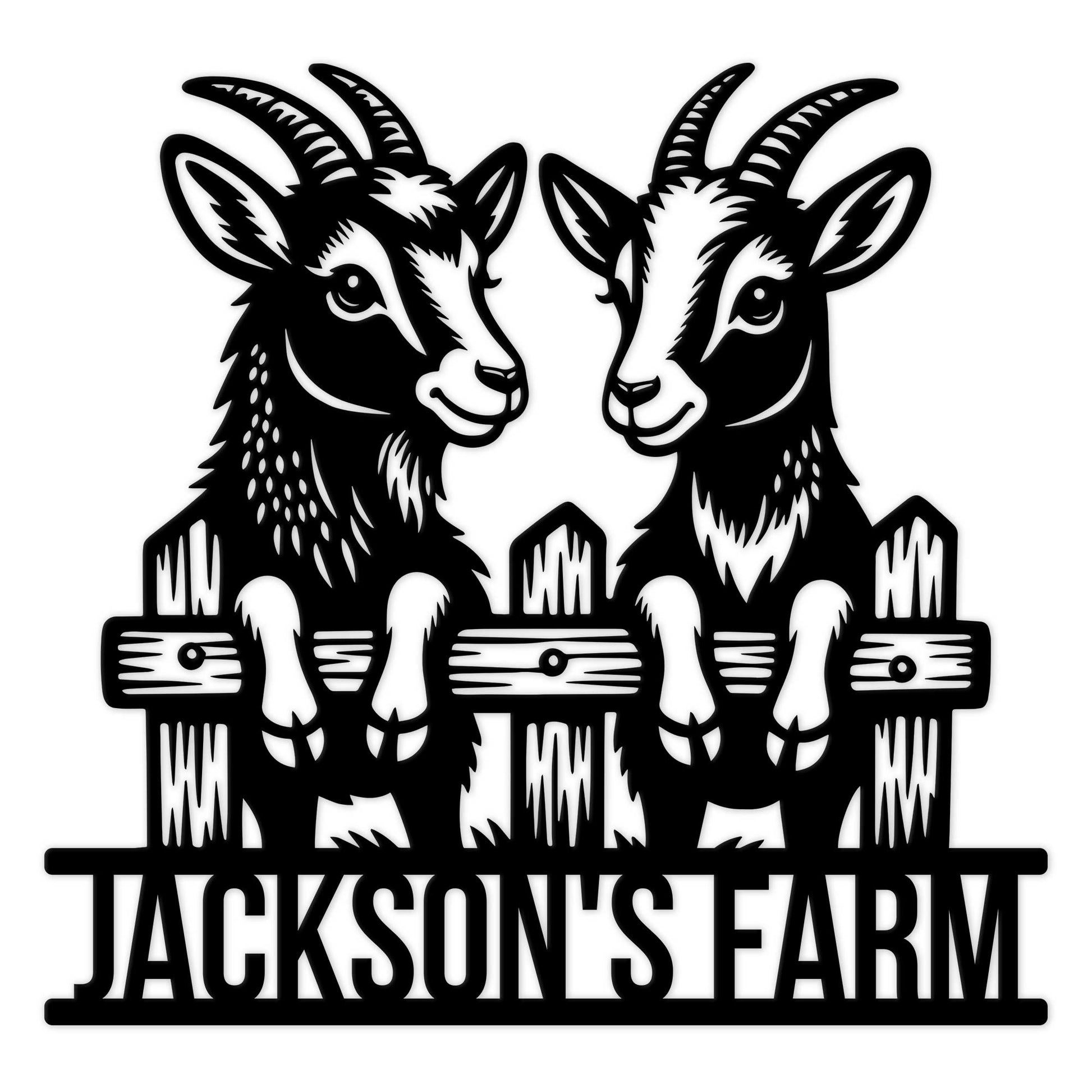 Black metal goat sign featuring two goats standing behind a rustic fence for farm decor