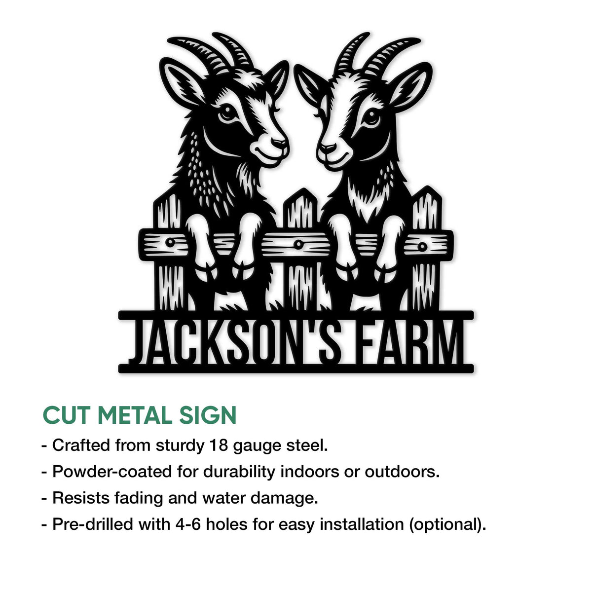 Goat farm metal sign feature graphic showing the cut design and hanging options