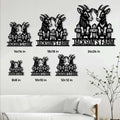 Goat metal sign size guide showing multiple dimensions styled on a farmhouse wall