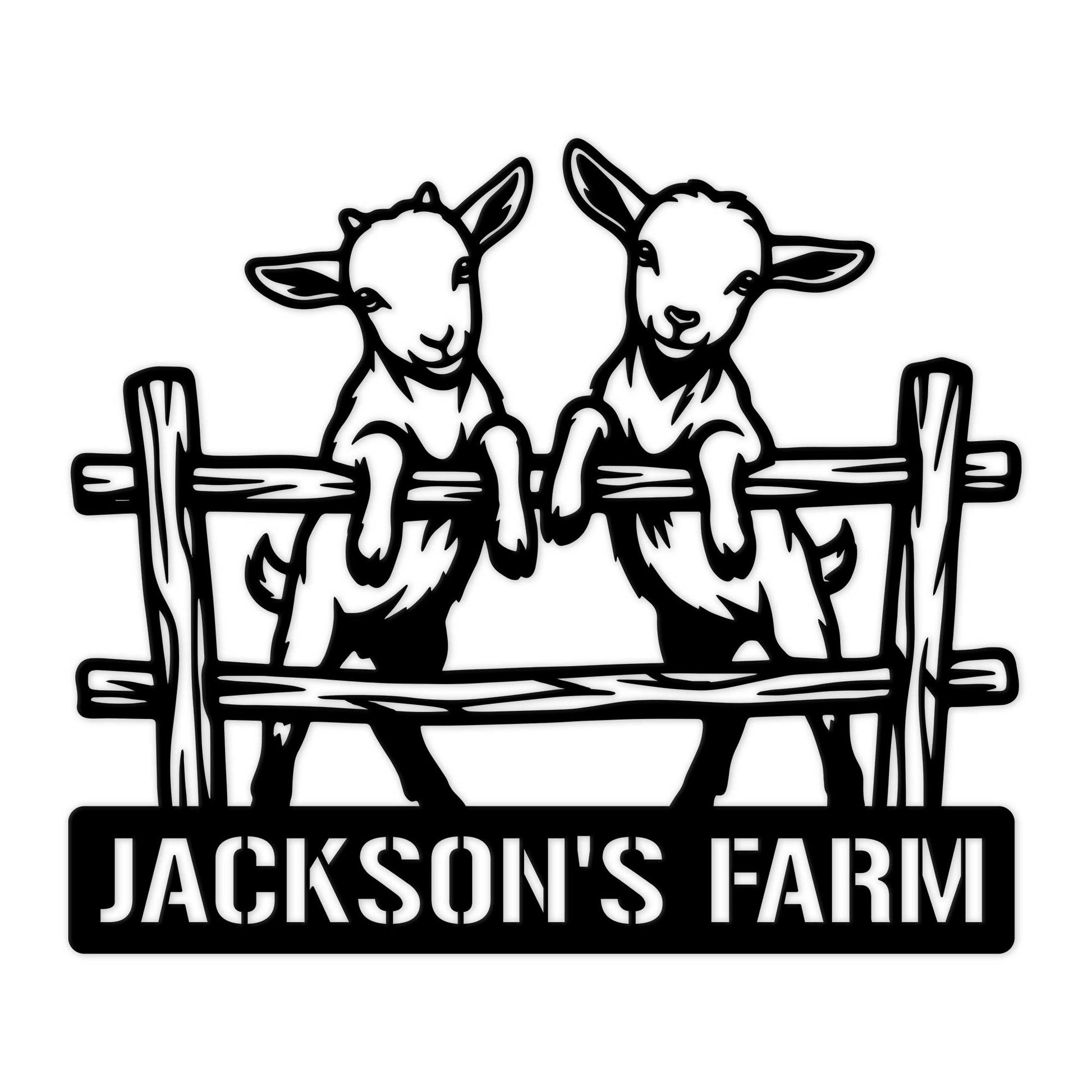Custom goat farm metal sign featuring two goats leaning over a rustic split-rail fence