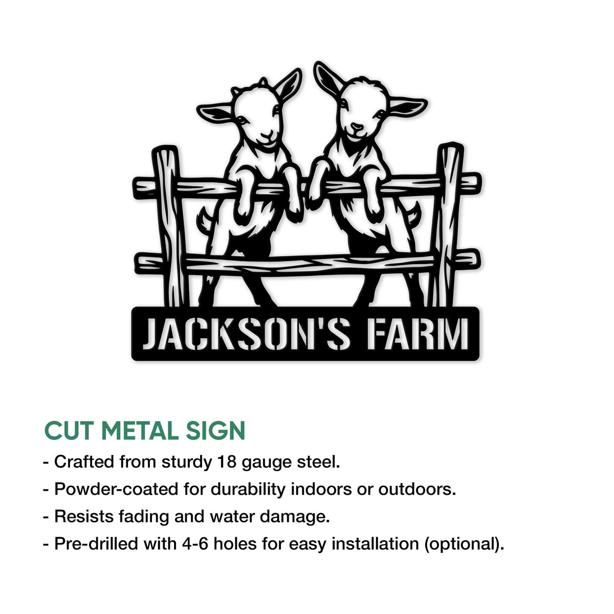 Goat farm metal sign feature graphic showing two goats and a rustic fence design