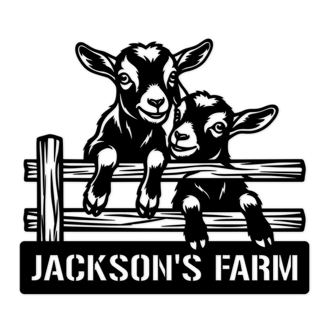 Custom goat farm metal sign featuring two goats standing over a rustic fence
