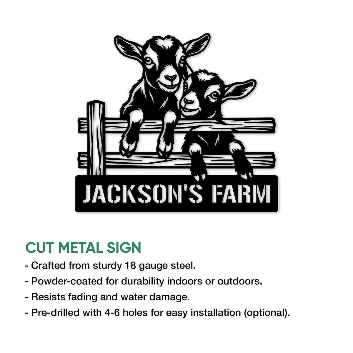 Black-and-white goat farm sign with two goats, a wooden fence, and a bold farm design