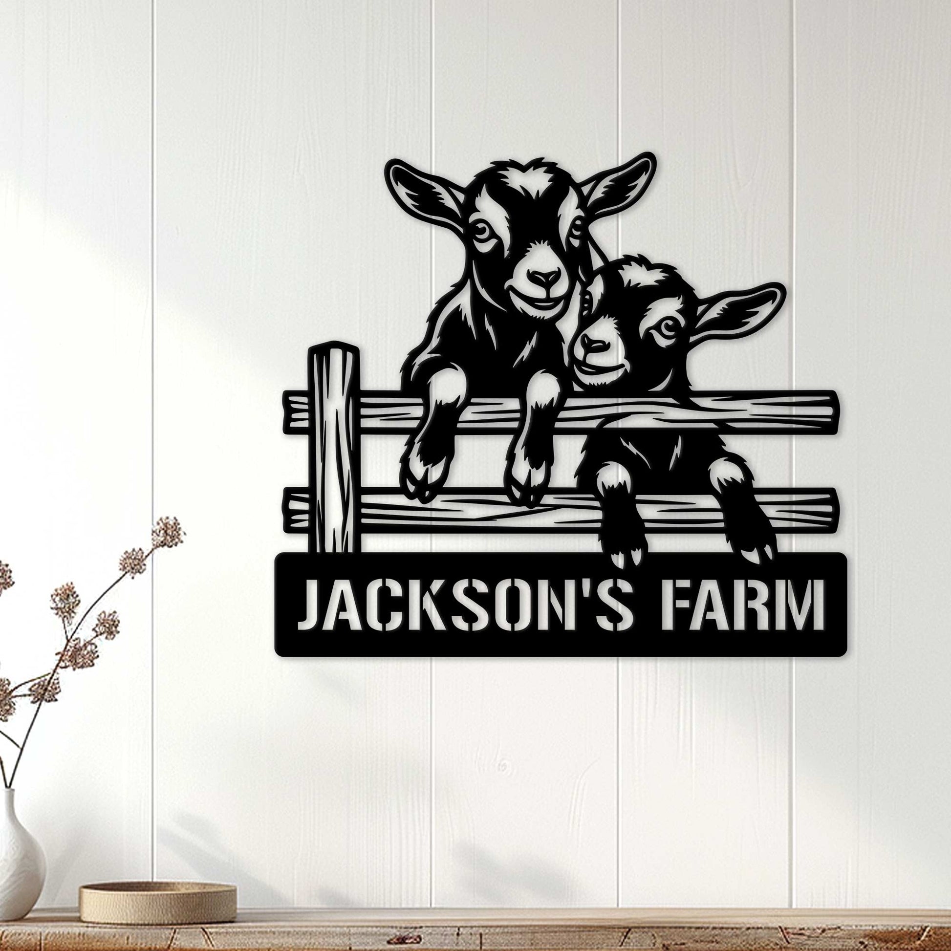 Goat farm metal wall sign displayed on white farmhouse paneling
