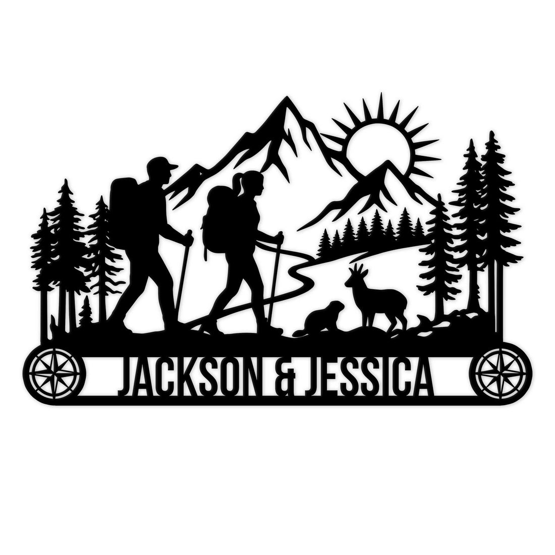 Custom trekking couple metal sign with two hikers, mountain peaks, compass and forest silhouette