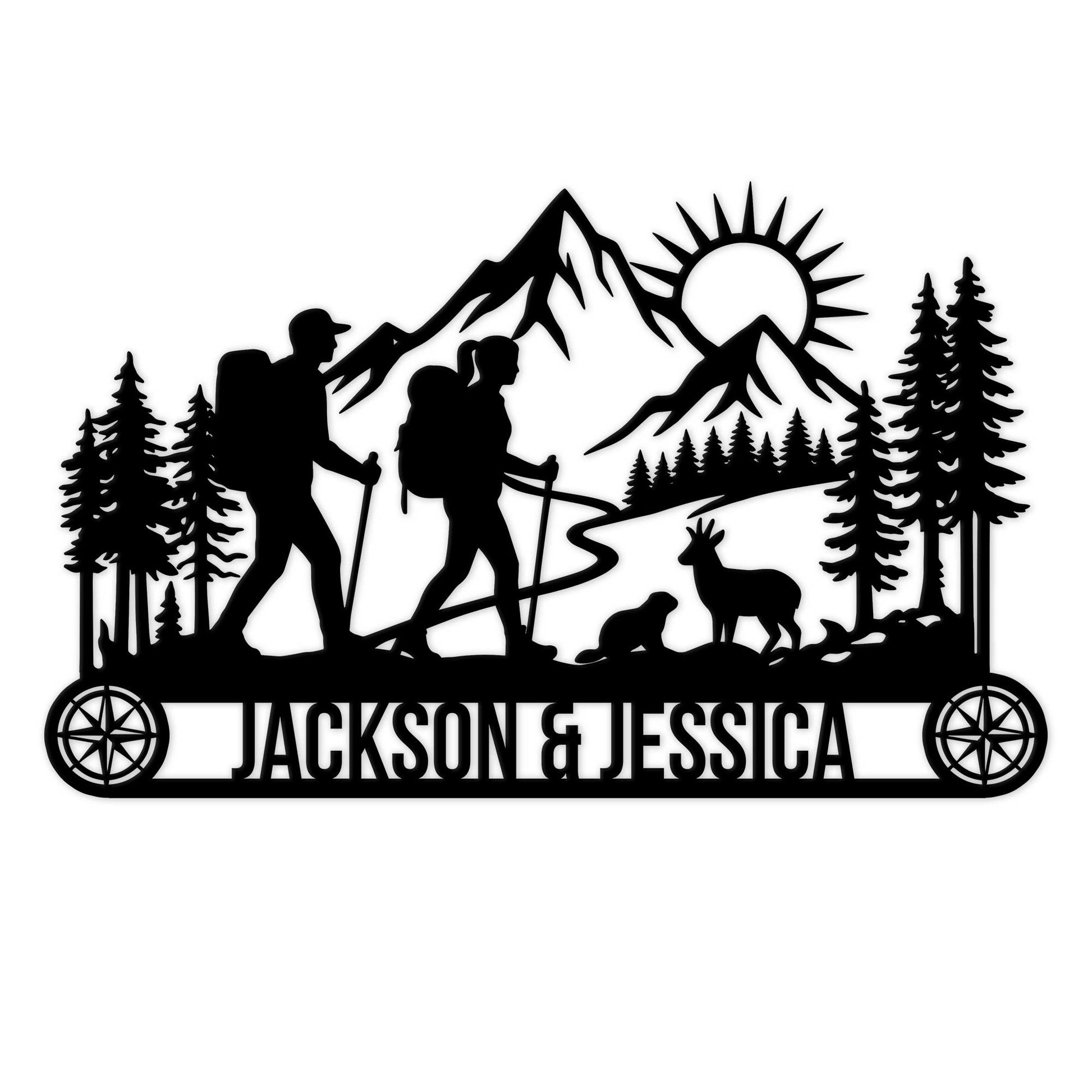 Custom trekking couple metal sign with two hikers, mountain peaks, compass and forest silhouette