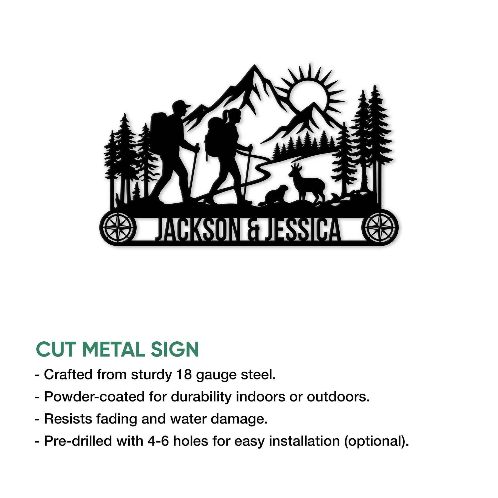 Trekking couple metal sign shown with product finish and indoor or outdoor display details