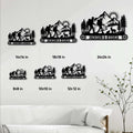 Hiking couple metal sign size guide showing available square dimensions in a living room