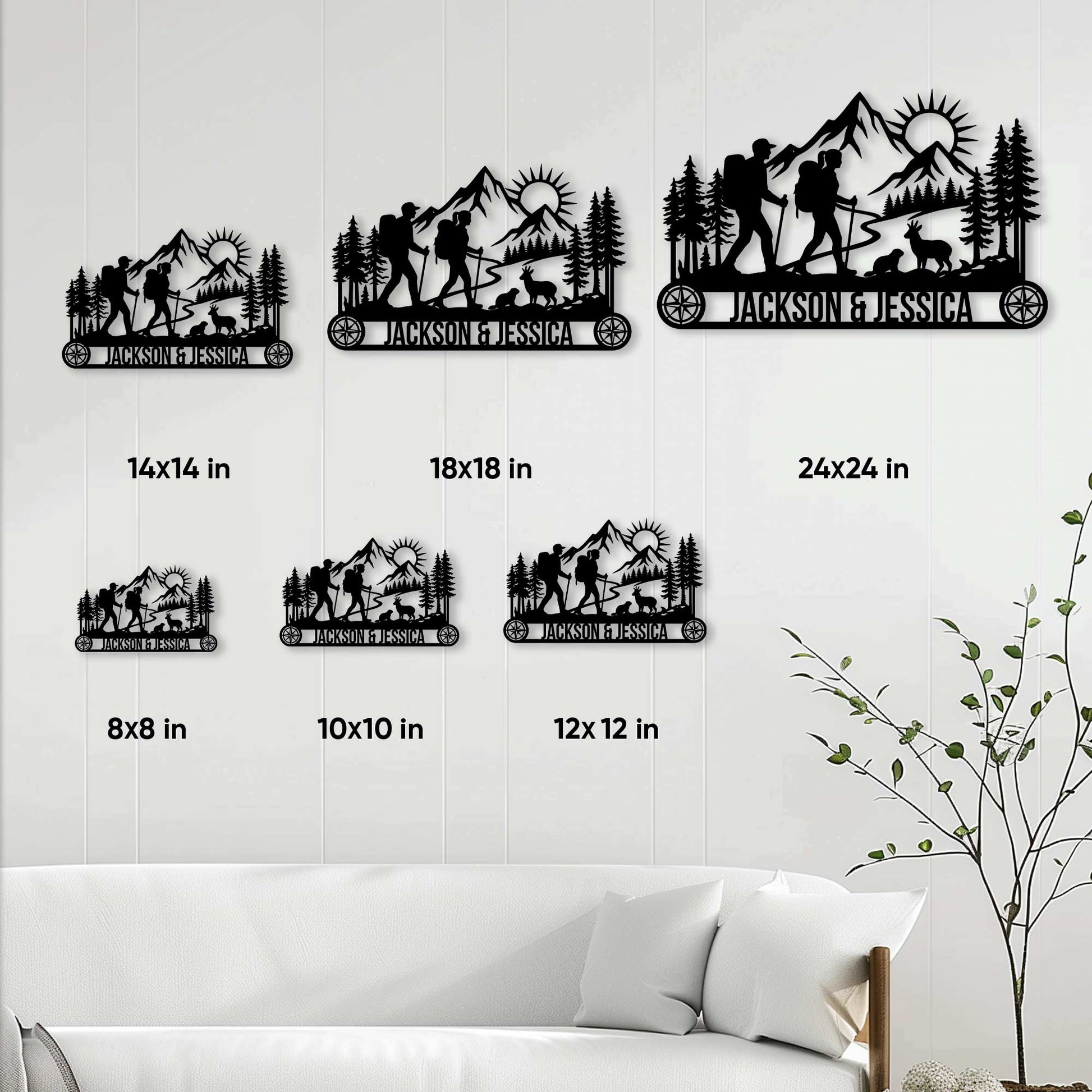 Hiking couple metal sign size guide showing available square dimensions in a living room