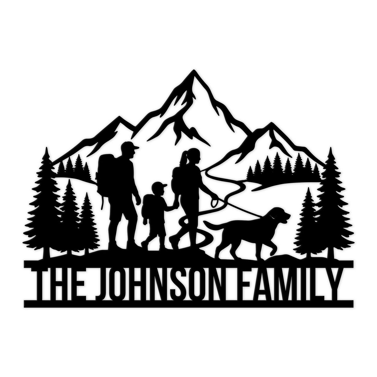 Custom trekking metal sign with a family hiking silhouette, mountain peaks, pine trees, winding trail, and dog